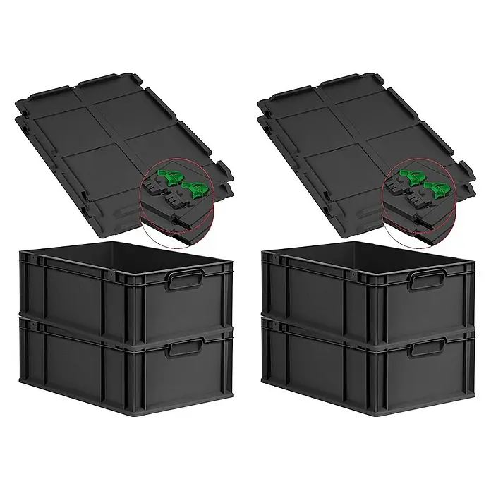 SuperSparSet 4x Eurobox NextGen Grip mit Scharnierdeckel und grünen Schiebeschnappverschlüssen | HxBxT 22x40x60cm | 44 Liter | Schwarz | Griffe geschlossen | Verstärkter Boden | Eurobehälter, Transportbox, Transportbehälter, Stapelbehälter -  - Zwei Stapelboxen aus schwarzem Kunststoff mit passenden Deckeln und grünen Verschlüssen für sicheren Transport.