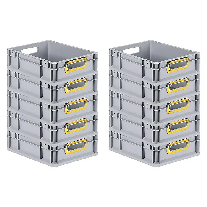 Proregal Euroboxen-Set 10x Eurobox NextGen Color - L x B x H: 40 x 30 x 12 cm, Kunststoff, Grau, Gelb, 10 Stk. - Zwei Stapel grauer Lagerboxen mit gelben Griffen, die sich ideal für die Organisation und Lagerung eignen. Praktisch und robust für vielfältige Anwendungen.