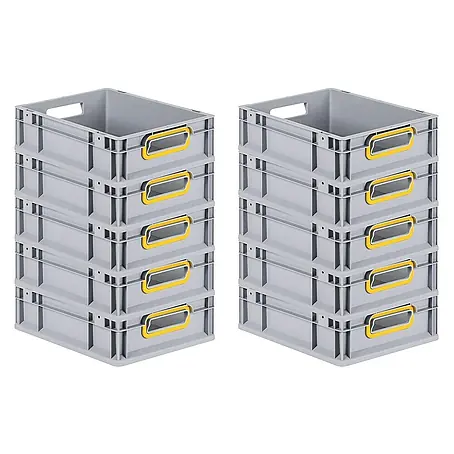 SparSet 10x Eurobox NextGen Color | HxBxT 12x30x40cm | 11 Liter | Griffe gelb offen | Glatter Boden | Grau | Eurobehälter, Transportbox, Transportbehälter, Stapelbehälter