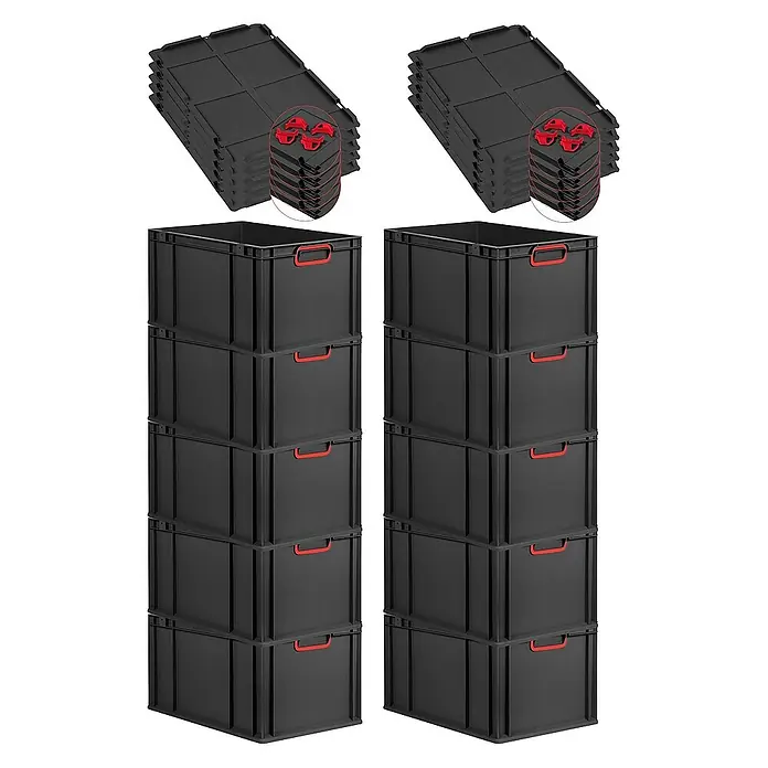 Proregal Euroboxen-Set 10x Eurobox NextGen Color mit Auflagedeckel und Schiebeschnappverschlüsse - L x B x H: 60 x 40 x 32 cm, Kunststoff, Schwarz, Rot, 10 Stk. - Schwarze Kunststoffboxen mit Deckel, ideal für Lagerung und Organisation. Die Boxen sind stapelbar und mit roten Griffen ausgestattet.