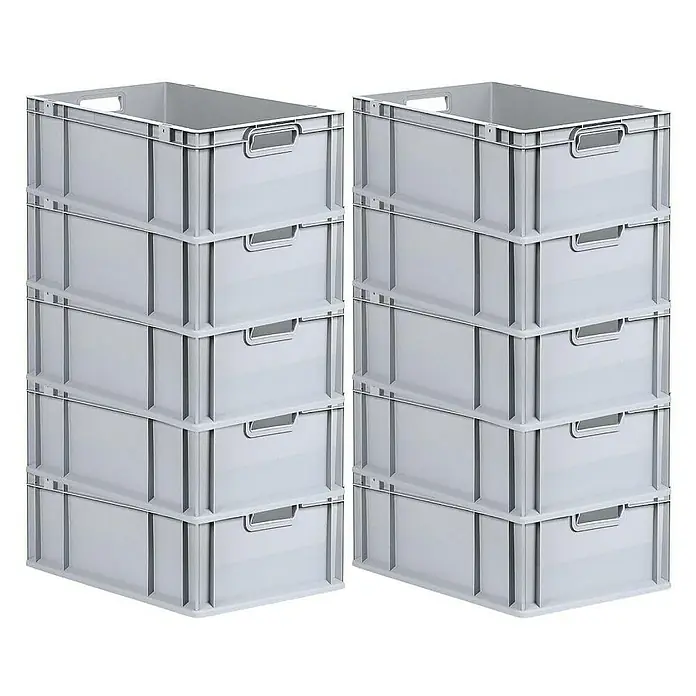 Proregal Euroboxen-Set 10x Eurobox NextGen Economy mit Scharnierdeckel und gelben Verschlüssen - L x B x H: 60 x 40 x 22 cm, Kunststoff, Grau, 10 Stk. - Abgebildet sind zwei Stapel grauer Eurobehälter aus Kunststoff, die sich ideal für Lagerung und Transport eignen.