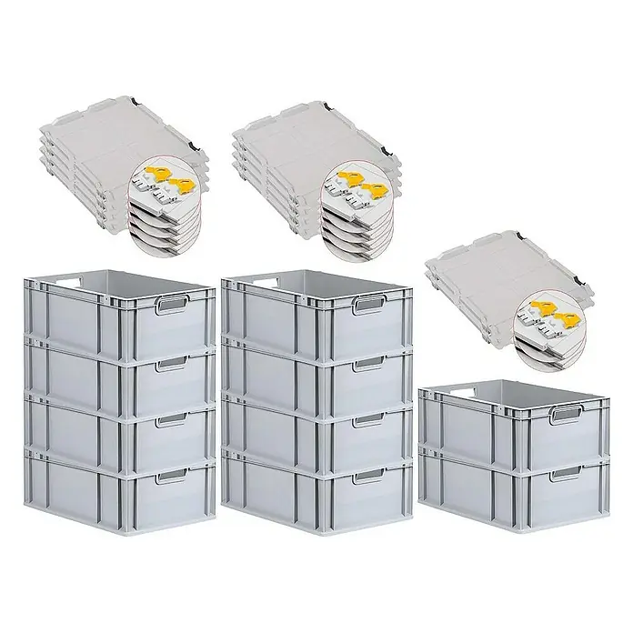 Proregal Euroboxen-Set 10x Eurobox NextGen Economy mit Scharnierdeckel und gelben Verschlüssen - L x B x H: 60 x 40 x 22 cm, Kunststoff, Grau, 10 Stk. - Graue Eurobehälter und Deckel im Set, ideal für Lagerung und Transport. Robuste Kunststoffkisten für vielfältige Anwendungen.