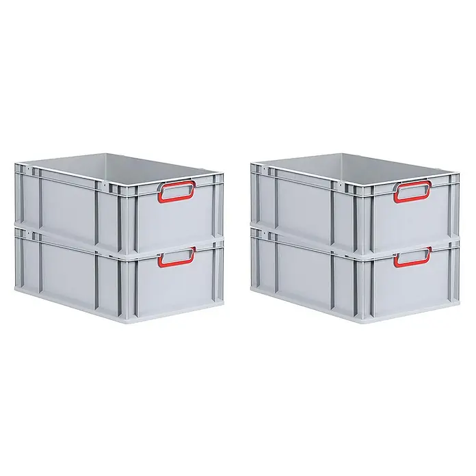 SuperSparSet 4x Eurobox NextGen Color | HxBxT 22x40x60cm | 44 Liter | Griffe rot geschlossen | Verstärkter Boden | Grau | Eurobehälter, Transportbox, Transportbehälter, Stapelbehälter -  - Zwei Stapel grauer Kunststoffbehälter mit roten Griffen, die sich ideal zur Aufbewahrung und Organisation von Gegenständen eignen.