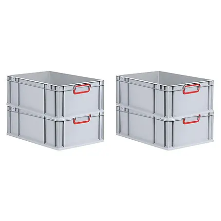 SuperSparSet 4x Eurobox NextGen Color | HxBxT 22x40x60cm | 44 Liter | Griffe rot geschlossen | Verstärkter Boden | Grau | Eurobehälter, Transportbox, Transportbehälter, Stapelbehälter