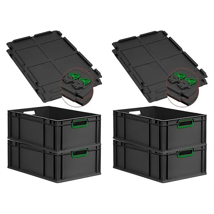 SuperSparSet 4x Eurobox NextGen Color mit Scharnierdeckel und Schiebeschnappverschlüssen | HxBxT 22x40x60cm | 44 Liter | Schwarz | Griffe grün offen | Verstärkter Boden | Eurobehälter, Transportbox, Transportbehälter, Stapelbehälter -  - Zwei Stapelboxen in Grau mit grünen Griffen und zwei Deckel mit Verschlüssen, ideal für Lagerung und Transport.