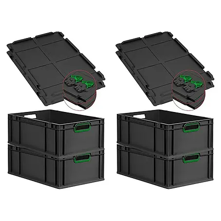 SuperSparSet 4x Eurobox NextGen Color mit Scharnierdeckel und Schiebeschnappverschlüssen | HxBxT 22x40x60cm | 44 Liter | Schwarz | Griffe grün offen | Verstärkter Boden | Eurobehälter, Transportbox, Transportbehälter, Stapelbehälter