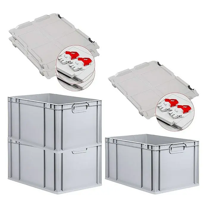 Proregal Euroboxen-Set 3x Eurobox NextGen Grip mit Scharnierdeckel und roten Verschlüssen - L x B x H: 60 x 40 x 32 cm, Kunststoff, Grau, 3 Stk. - Graue Lagerboxen aus Kunststoff mit Deckeln und roten Verschlüssen für einfache Lagerung und Organisation.