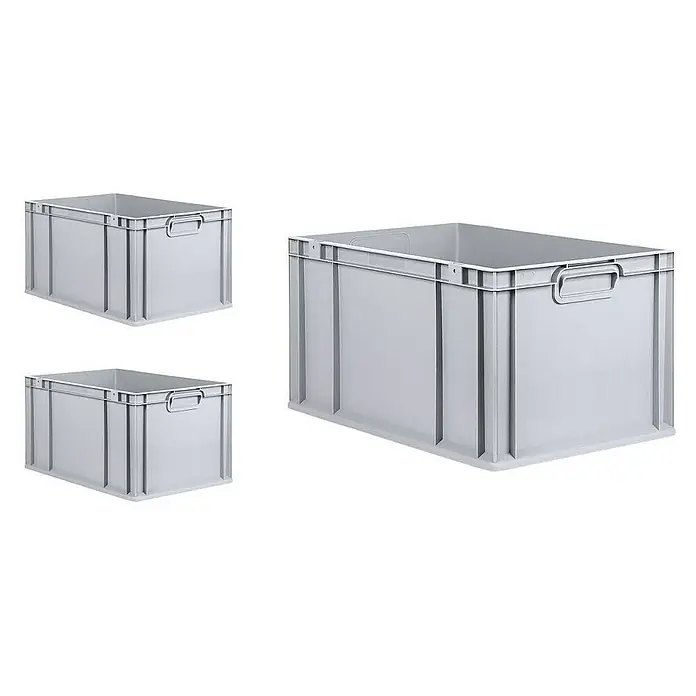 Proregal Euroboxen-Set 3x Eurobox NextGen Grip mit Scharnierdeckel und roten Verschlüssen - L x B x H: 60 x 40 x 32 cm, Kunststoff, Grau, 3 Stk. - Drei graue Kunststoffboxen in verschiedenen Perspektiven, ideal für Lagerung und Organisation im Haushalt oder Gewerbe.