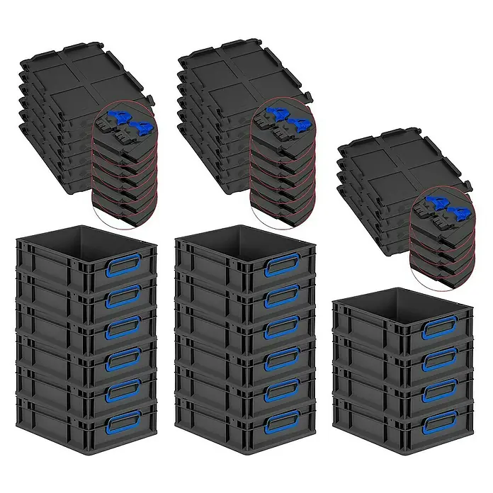 Proregal Euroboxen-Set 16x Eurobox NextGen Color mit Scharnierdeckel und Verschlüssen - L x B x H: 40 x 30 x 12 cm, Kunststoff, Schwarz, Blau, 16 Stk. - Ein Stapel grauer Lagerkästen mit blauen Griffen und ein Stapel schwarzer Bodenfliesen mit blauen Verbindungsstücken.