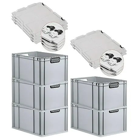 SuperSparSet 5x Eurobox NextGen Color mit Scharnierdeckel und Schiebeschnappverschlüssen | HxBxT 32x40x60cm | 65 Liter | Grau | Griffe schwarz offen | Verstärkter Boden | Eurobehälter, Transportbox, Transportbehälter, Stapelbehälter