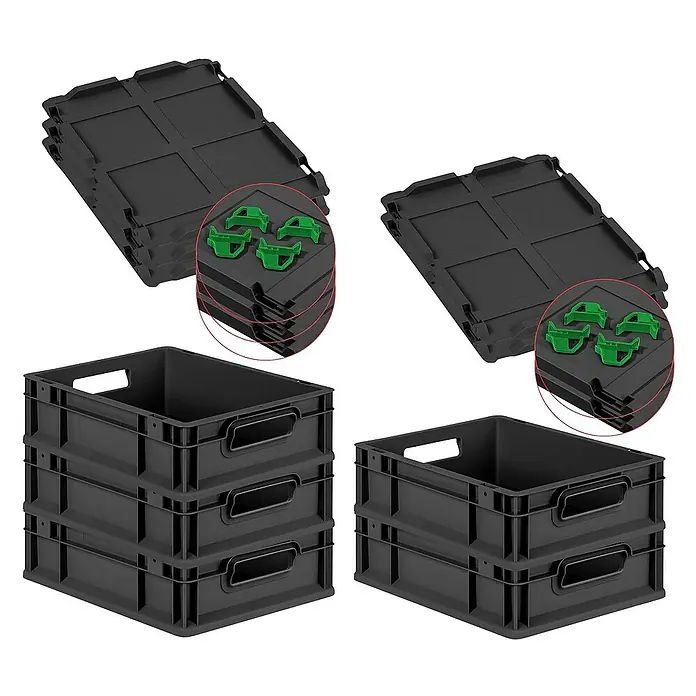 Proregal Euroboxen-Set 5x Eurobox NextGen Grip mit Scharnierdeckel und grünen Verschlüssen - L x B x H: 40 x 30 x 12 cm, Kunststoff, Schwarz, 5 Stk. - Bild von schwarzen stapelbaren Kunststoffkisten und zugehörigen Deckeln mit grünen Clips für eine sichere Aufbewahrung und Organisation.