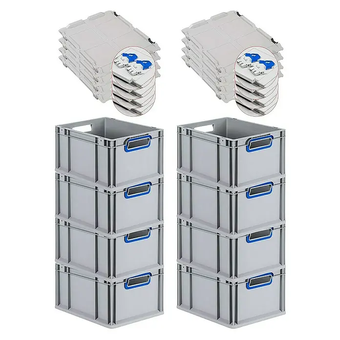 Proregal Euroboxen-Set 8x Eurobox NextGen Color mit Scharnierdeckel und Verschlüssen - L x B x H: 40 x 30 x 22 cm, Kunststoff, Grau, Blau, 8 Stk. - Mehrere graue Eurobehälter und Deckel gestapelt. Die stabilen Lagerbehälter mit blauen Griffen und Deckel eignen sich ideal für Transport und Lagerung.