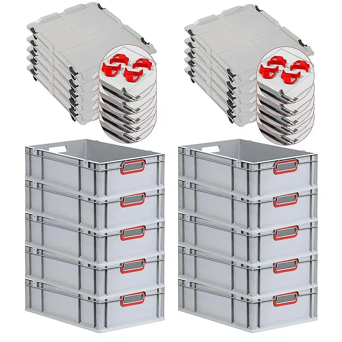 Proregal Euroboxen-Set 10x Eurobox NextGen Color mit Auflagedeckel und Schiebeschnappverschlüsse - L x B x H: 60 x 40 x 17 cm, Kunststoff, Grau, Rot, 10 Stk. - Ein Satz grauer Lagerbehälter mit Deckeln und Rädern, gestapelt und zur einfachen Organisation bereit.