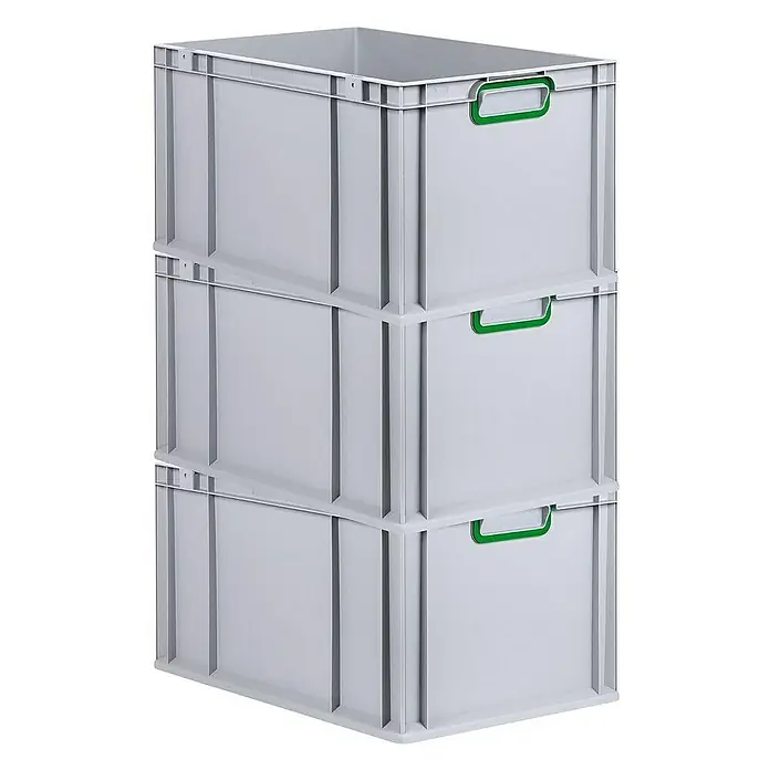 Proregal Euroboxen-Set 3x Eurobox NextGen Color - L x B x H: 60 x 40 x 32 cm, Kunststoff, Grau, Grün, 3 Stk. - Drei graue Lagerboxen mit grünen Griffen übereinander gestapelt, ideal für Lagerung und Organisation.