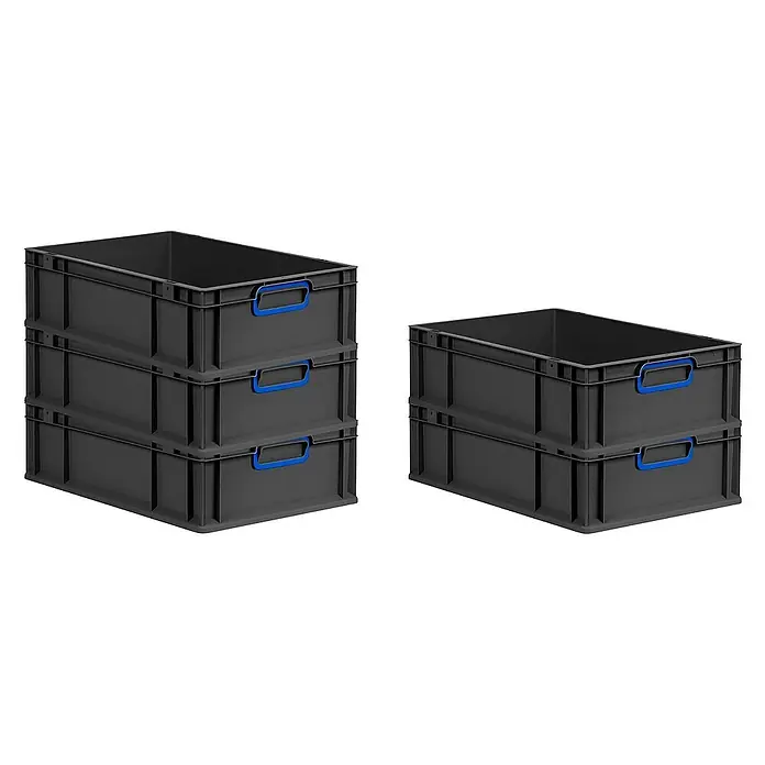 Proregal Euroboxen-Set 10x Eurobox NextGen Color - L x B x H: 60 x 40 x 17 cm, Kunststoff, Schwarz, Blau, 10 Stk. - Ein Stapel aus drei grauen Lagerkisten mit blauen Griffen und ein Stapel aus zwei grauen Lagerkisten mit blauen Griffen.