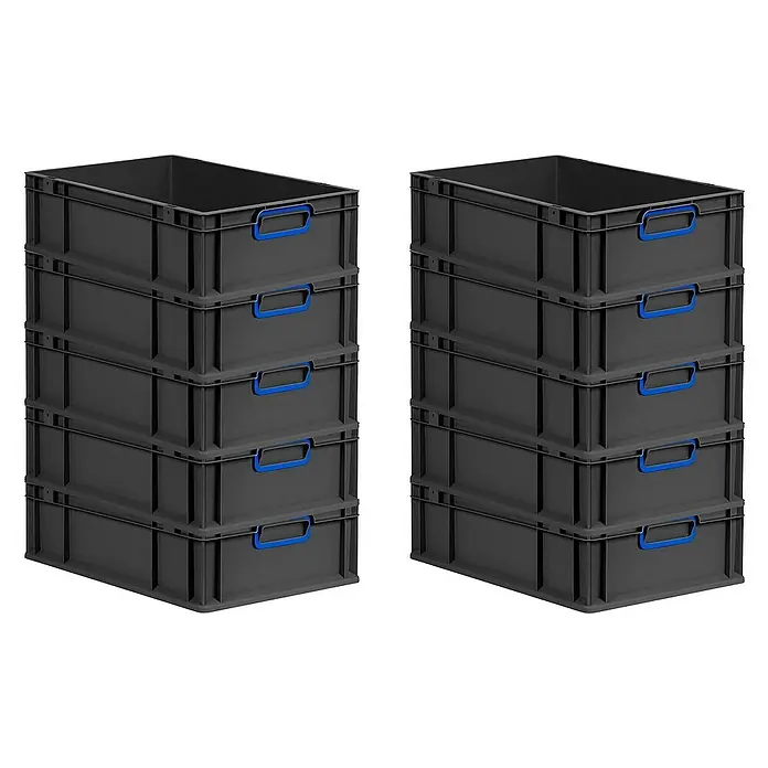 Proregal Euroboxen-Set 10x Eurobox NextGen Color - L x B x H: 60 x 40 x 17 cm, Kunststoff, Schwarz, Blau, 10 Stk. - Zwei Stapel grauer Kunststoffbehälter mit blauen Griffen, ideal für Lagerung und Organisation.
