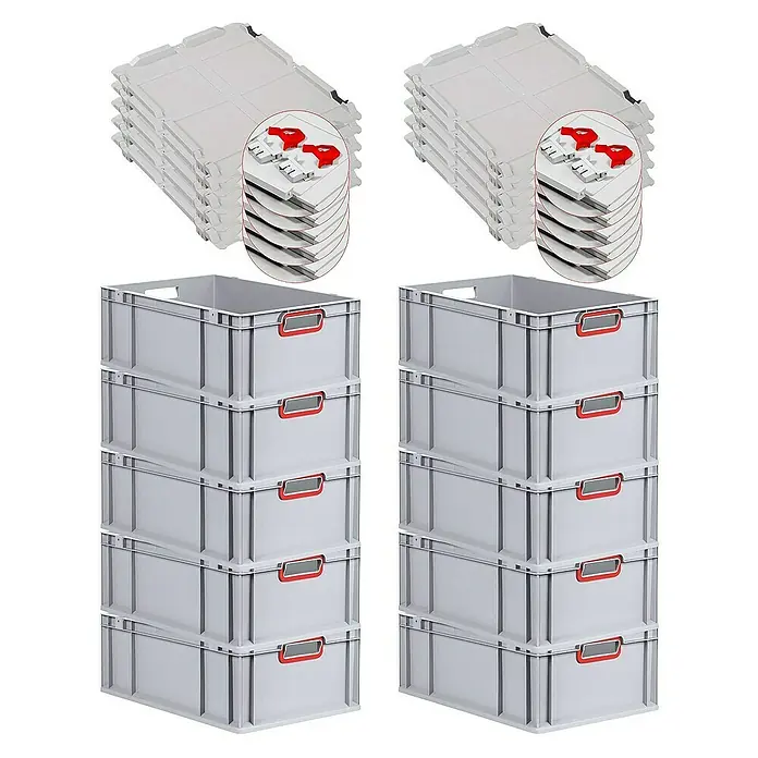 Proregal Euroboxen-Set 10x Eurobox NextGen Color mit Scharnierdeckel und Verschlüssen - L x B x H: 60 x 40 x 22 cm, Kunststoff, Grau, Rot, 10 Stk. - Bild von zwei Stapeln grauer Lagerbehälter und zwei Stapeln dazu passender Deckel.