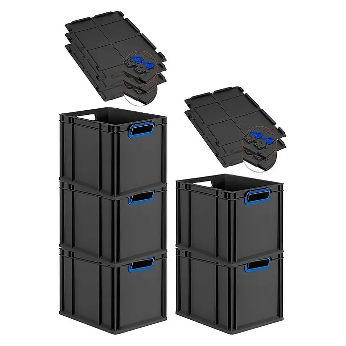 Proregal Euroboxen-Set 5x Eurobox NextGen Color mit Scharnierdeckel und Verschlüssen - Kunststoff, Schwarz, Blau, 5 Stk. - Abbildung von schwarzen Lagerkisten mit blauen Griffen und dazugehörigen Deckeln, ideal für Lagerung und Organisation.