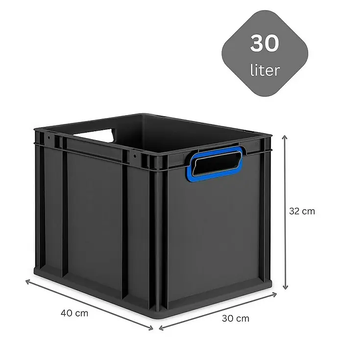 Proregal Euroboxen-Set 5x Eurobox NextGen Color mit Scharnierdeckel und Verschlüssen - Kunststoff, Schwarz, Blau, 5 Stk. - Produktfoto einer schwarzen 30-Liter-Eurobox mit blauen Griffen und den Maßen 40 x 30 x 32 cm.