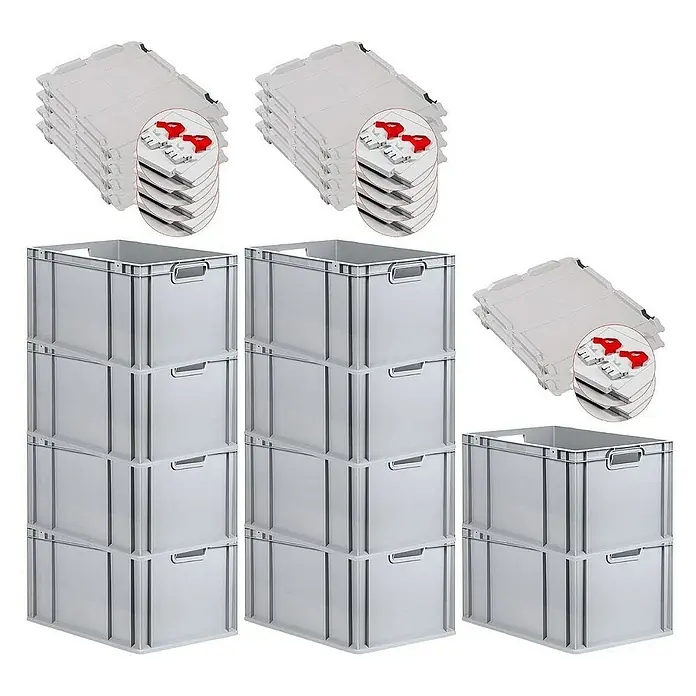 Proregal Euroboxen-Set 10x Eurobox NextGen Grip mit Scharnierdeckel und roten Verschlüssen - L x B x H: 60 x 40 x 32 cm, Kunststoff, Grau, 10 Stk. - Das Bild zeigt drei Stapel grauer Kunststoffboxen mit Deckeln, die sich ideal zur Aufbewahrung und Organisation eignen.