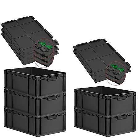 SuperSparSet 5x Eurobox NextGen Grip mit Scharnierdeckel und grünen Schiebeschnappverschlüssen | HxBxT 22x40x60cm | 44 Liter | Schwarz | Griffe geschlossen | Verstärkter Boden | Eurobehälter, Transportbox, Transportbehälter, Stapelbehälter