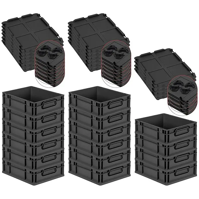 SuperSparSet 16x Eurobox NextGen Color mit Auflagedeckel und Schiebeschnappverschlüsse | HxBxT 12x30x40cm | 11 Liter | Schwarz | Griffe schwarz geschlossen | Glatter Boden | Eurobehälter, Transportbox, Transportbehälter, Stapelbehälter -  - Stapelbare Eurobehälter und passende Deckel im Set. Ideal für Lagerung und Transport, robust und vielseitig.