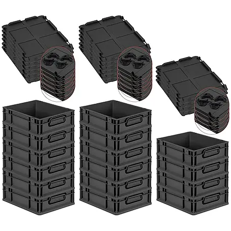 SuperSparSet 16x Eurobox NextGen Color mit Auflagedeckel und Schiebeschnappverschlüsse | HxBxT 12x30x40cm | 11 Liter | Schwarz | Griffe schwarz geschlossen | Glatter Boden | Eurobehälter, Transportbox, Transportbehälter, Stapelbehälter