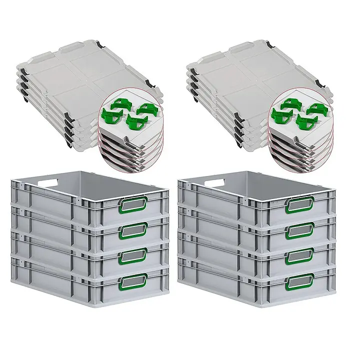 Proregal Euroboxen-Set 8x Eurobox NextGen Color mit Auflagedeckel und Schiebeschnappverschlüsse - L x B x H: 60 x 40 x 12 cm, Kunststoff, Grau, Grün, 8 Stk. - Abbildung von zwei Stapeln grauer Kunststoffboxen mit grünen Griffen und zwei Stapeln grauer Kunststoffdeckel mit grünen Clips.
