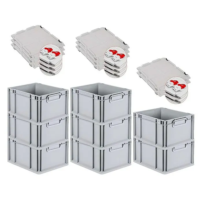 Proregal Euroboxen-Set 8x Eurobox NextGen Economy mit Scharnierdeckel und roten Verschlüssen - L x B x H: 40 x 30 x 22 cm, Kunststoff, Grau, 8 Stk. - Stapelbare graue Kunststoffbehälter mit Deckel für Lagerung & Organisation.
