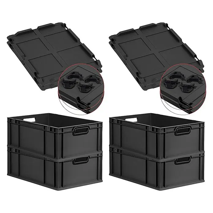 SuperSparSet 4x Eurobox NextGen Color mit Auflagedeckel und Schiebeschnappverschlüsse | HxBxT 22x40x60cm | 44 Liter | Schwarz | Griffe schwarz offen | Verstärkter Boden | Eurobehälter, Transportbox, Transportbehälter, Stapelbehälter -  - Abgebildete sind zwei Stapelkisten mit Deckeln und dazugehörigen Füßen, ideal für die Lagerung und Organisation.
