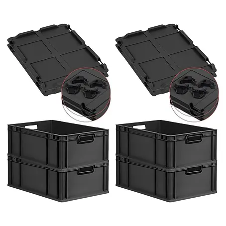 SuperSparSet 4x Eurobox NextGen Color mit Auflagedeckel und Schiebeschnappverschlüsse | HxBxT 22x40x60cm | 44 Liter | Schwarz | Griffe schwarz offen | Verstärkter Boden | Eurobehälter, Transportbox, Transportbehälter, Stapelbehälter