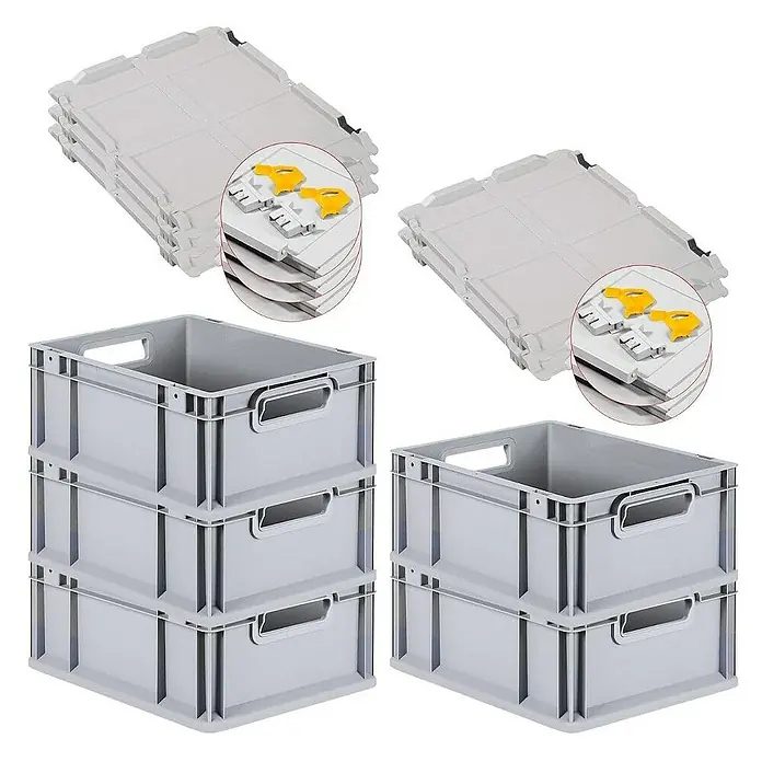 Proregal Euroboxen-Set 5x Eurobox NextGen Economy mit Scharnierdeckel und gelben Verschlüssen - L x B x H: 40 x 30 x 17 cm, Kunststoff, Grau, 5 Stk. - Abbildung von drei grauen, gestapelten Eurobehältern und zwei Stapeln flacher Eurobehälter mit gelben Verschlüssen.