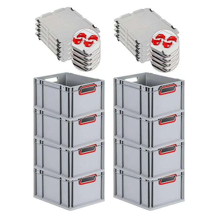 Proregal Euroboxen-Set 8x Eurobox NextGen Color mit Auflagedeckel und Schiebeschnappverschlüsse - L x B x H: 40 x 30 x 22 cm, Kunststoff, Grau, Rot, 8 Stk. - Stapelbare graue Kunststoffboxen mit roten Griffen und Deckeln, ideal für Lagerung und Organisation. Robuste Konstruktion für den professionellen Einsatz.