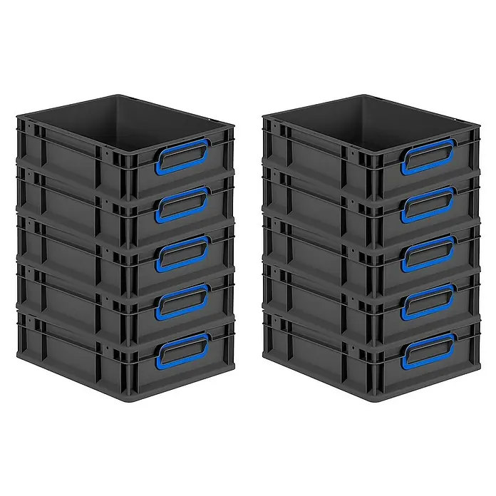 Proregal Euroboxen-Set 10x Eurobox NextGen Color - L x B x H: 40 x 30 x 12 cm, Kunststoff, Schwarz, Blau, 10 Stk. - Stapelbare graue Euroboxen mit blauen Griffen. Ideal für Lagerung und Transport, robust und vielseitig einsetzbar.