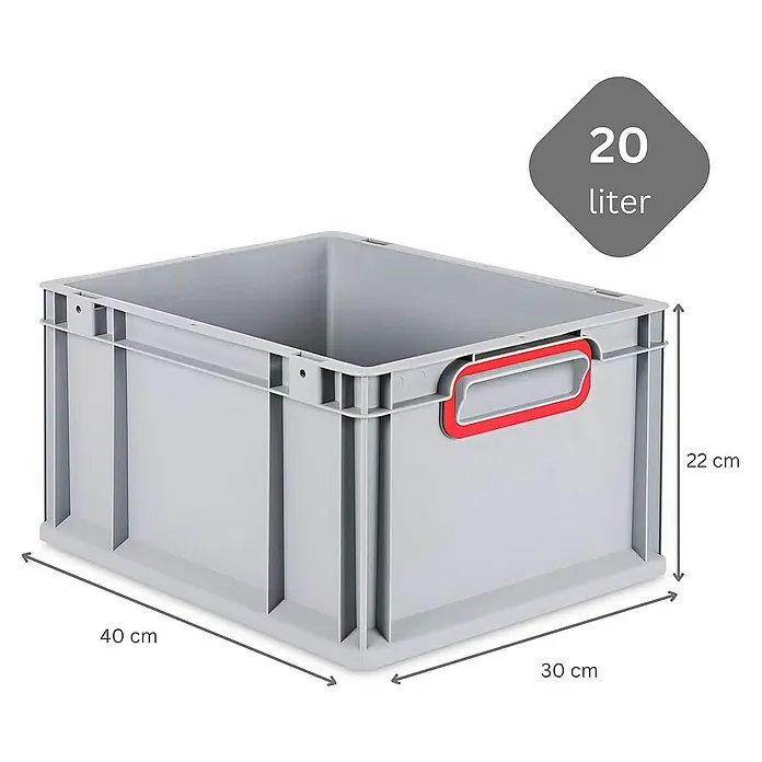 Proregal Euroboxen-Set 5x Eurobox NextGen Color - L x B x H: 40 x 30 x 22 cm, Kunststoff, Grau, Rot, 5 Stk. - Graue 20-Liter-Aufbewahrungsbox aus Kunststoff mit roten Griffen und Größenangaben. Ideal für Lagerung und Organisation.