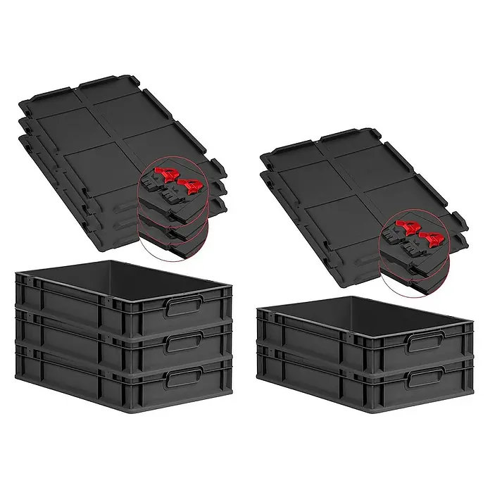 Proregal Euroboxen-Set 5x Eurobox NextGen Grip mit Scharnierdeckel und roten Verschlüssen - L x B x H: 60 x 40 x 12 cm, Kunststoff, Schwarz, 5 Stk. - Stapelbare Kunststoffbehälter und zugehörige Deckel zur sicheren Aufbewahrung und zum Transport von Gegenständen.