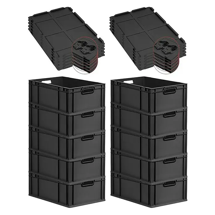 Proregal Euroboxen-Set 10x Eurobox NextGen Color mit Scharnierdeckel und Verschlüssen - L x B x H: 60 x 40 x 22 cm, Kunststoff, Schwarz, Schwarz, 10 Stk. - Stapel aus schwarzen Kunststoffboxen und passenden Deckeln für eine vielseitige Aufbewahrungslösung.