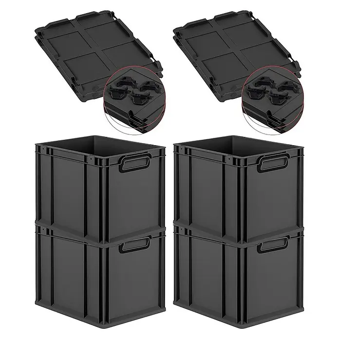 Proregal Euroboxen-Set 4x Eurobox NextGen Color mit Auflagedeckel und Schiebeschnappverschlüsse - L x B x H: 40 x 30 x 32 cm, Kunststoff, Schwarz, Schwarz, 4 Stk. - Zwei Stapelboxen aus Kunststoff mit passenden Deckeln. Die Boxen sind schwarz und bieten eine praktische Aufbewahrungslösung.