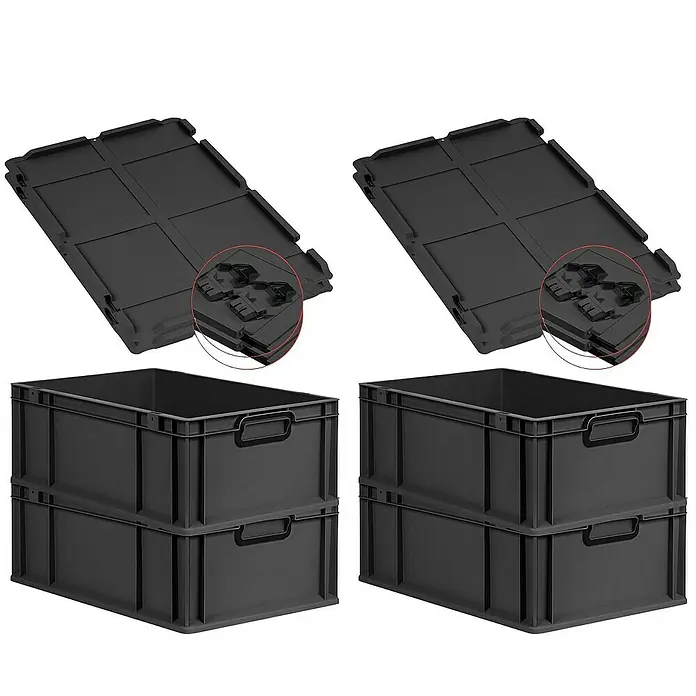 Proregal Euroboxen-Set 4x Eurobox NextGen Color mit Scharnierdeckel und Verschlüssen - L x B x H: 60 x 40 x 22 cm, Kunststoff, Schwarz, Schwarz, 4 Stk. - Vier schwarze Kunststoffboxen mit dazugehörigen Deckeln, ideal für Lagerung und Transport.