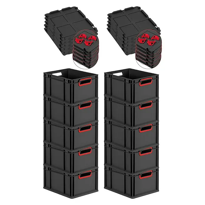 Proregal Euroboxen-Set 10x Eurobox NextGen Color mit Auflagedeckel und Schiebeschnappverschlüsse - L x B x H: 40 x 30 x 22 cm, Kunststoff, Schwarz, Rot, 10 Stk. - Schwarze Kunststoffboxen und Deckel mit roten Akzenten, ideal für Lagerung und Organisation.