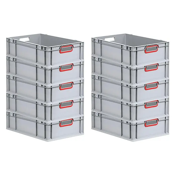 Proregal Euroboxen-Set 10x Eurobox NextGen Color - Kunststoff, Grau, Rot, 10 Stk. - Zwei Stapel grauer Kunststoffbehälter mit roten Griffen. Sie sind leer und sauber, ideal für Lagerung und Ordnung im Haushalt.