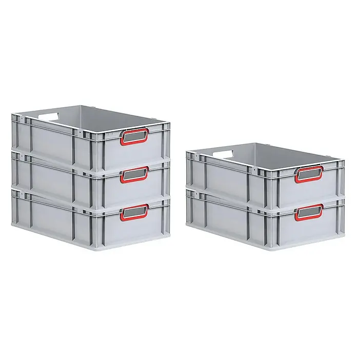 Proregal Euroboxen-Set 10x Eurobox NextGen Color - Kunststoff, Grau, Rot, 10 Stk. - Graue Kunststoffboxen, einige gestapelt, mit roten Griffen, ideal für Lagerung und Organisation.