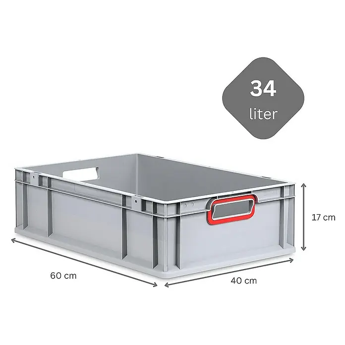 Proregal Euroboxen-Set 10x Eurobox NextGen Color - Kunststoff, Grau, Rot, 10 Stk. - Graue Kunststoffbox mit den Maßen 60 x 40 x 17 cm und einem Fassungsvermögen von 34 Litern, ideal für Lagerung und Transport.