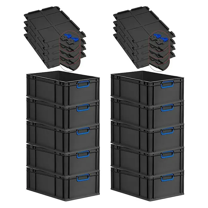 Proregal Euroboxen-Set 10x Eurobox NextGen Color mit Scharnierdeckel und Verschlüssen - L x B x H: 60 x 40 x 22 cm, Kunststoff, Schwarz, Blau, 10 Stk. - Stapelbare graue Kunststoffboxen und zugehörige Deckel mit blauen Details.