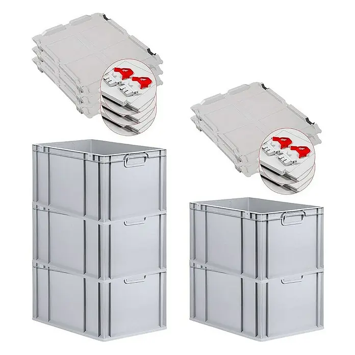 Proregal Euroboxen-Set 5x Eurobox NextGen Grip mit Scharnierdeckel und roten Verschlüssen - L x B x H: 60 x 40 x 32 cm, Kunststoff, Grau, 5 Stk. - Stapelbare Eurobehälter mit Deckeln: Praktische Lagerlösung für Ordnung und Transport.