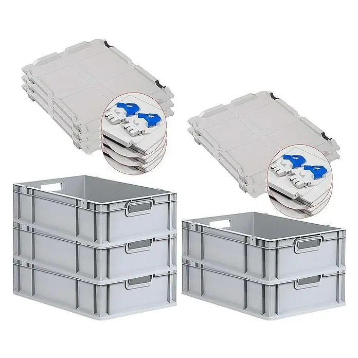 Proregal Euroboxen-Set 5x Eurobox NextGen Economy mit Scharnierdeckel und blauen Verschlüssen - L x B x H: 60 x 40 x 17 cm, Kunststoff, Grau, 5 Stk. - Abbildung von hellgrauen Eurobehältern mit Deckeln, die sich perfekt für Lagerung und Transport eignen.