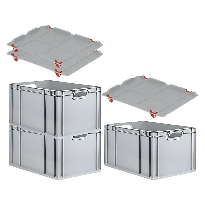 Proregal Euroboxen-Set 3x Eurobox NextGen Grip mit Auflagedeckel inkl. 4 roten Verschlüssen - L x B x H: 60 x 40 x 32 cm, Kunststoff, Grau, 3 Stk. - Gestapelte graue Kunststoffboxen mit passenden Deckeln für den Transport.