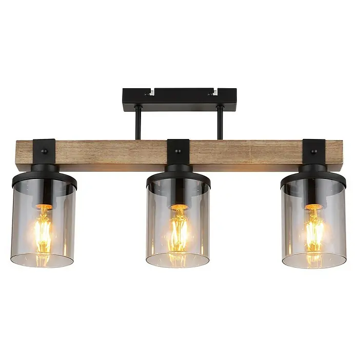 Globo Plafón Lila - 60 W, L x An x Al: 520 x 100 x 286 mm, Marrón, E27 - Elegante lámpara colgante con tres bombillas y pantallas de cristal transparente que emiten una luz cálida. La viga de madera y los elementos metálicos añaden un encanto rústico.