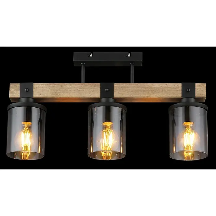 Globo Plafón Lila - 60 W, L x An x Al: 520 x 100 x 286 mm, Marrón, E27 - Una lámpara de techo rústica con tres lámparas de vidrio ahumado y una viga de madera con detalles negros.
