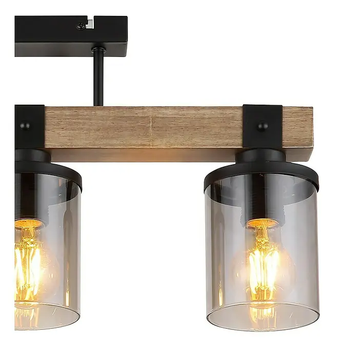 Globo Plafón Lila - 60 W, L x An x Al: 520 x 100 x 286 mm, Marrón, E27 - Lámpara de techo rústica con detalles de madera y pantallas de vidrio transparente para una luz cálida.